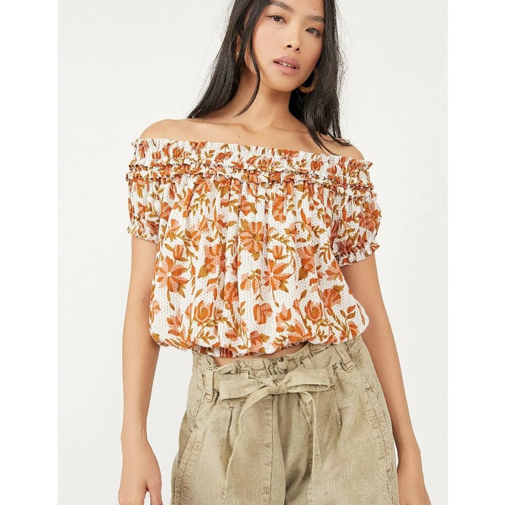 Free People Suki Smocked Off Shoulder Floral Blouse, Ivory Combo, Size XS - NWT
